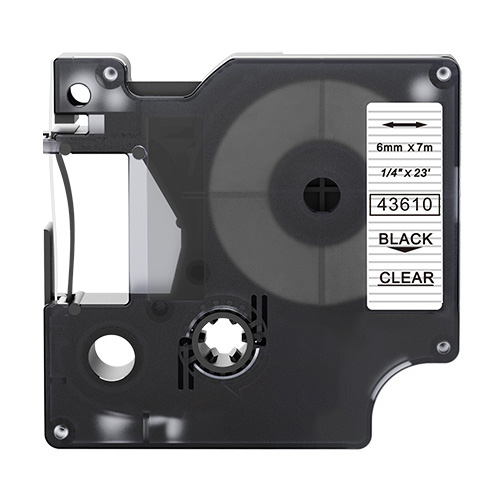 Dymo 43610 kompatibilis címkeszalag, átlátszó alapon fekete, 6mm x 7m